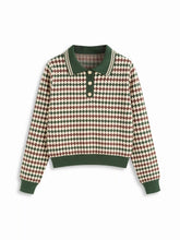 Knit Polo Collar Argyle Pattern Top