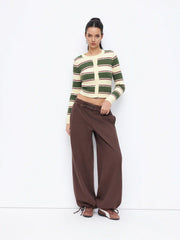 Cable Knit Striped Colorblock Round Neckline Long Sleeve Button Top