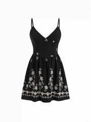 Jersey V-neck Floral Embroidery Flared Cami Mini Dress