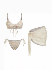 Sweetheart Neck Geometric Print Bracelet Top & Tie Side Bikini Bottom With Sarong 3 Piece Bikini Set