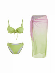 Sweetheart Bowknot Ruched Cheeky Bikini Set With Gradient Sheer Sarong