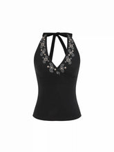 Cotton-blend Floral Halter Neckline Embroidery Tank Top