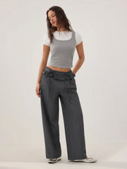Mid Rise Ruffled Drawstring Wide Leg Trousers