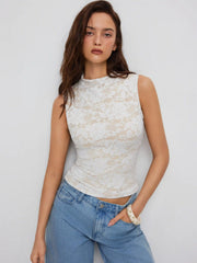 Lace Floral Stand Collar Tank Top
