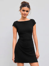 Cotton-blend Boat Neck Solid Ruched Mini Dress