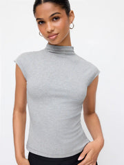 Cotton-blend Stand Collar Cap Sleeve Long Top