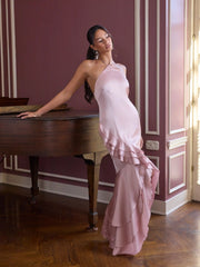 Satin Halter Neckline Ruffle Hem Maxi Split Dress