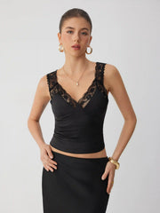 Satin V-neck Lace Trim Tank Top