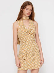 V-neck Geometric Twist Mini Dress With Scarf