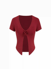 Knit V-Neck Rosette Short Sleeve Split Top