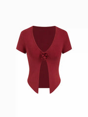 Knit V-Neck Rosette Short Sleeve Split Top