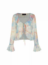 Chiffon Abstract V-Neck Ruffled Bell Sleeve Blouse