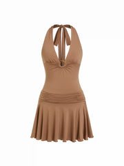 High Stretch Halter Neckline Ruched Low Rise A-line Mini Dress