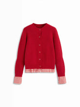 Knit Round Neck Cardigan With Gingham Trim