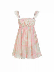 Chiffon Lace Ruffle sleeve Abstract Ruched Smock Dress