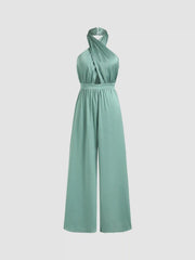 Solid Satin Cross Halter Jumpsuit