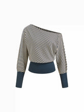 Cotton-blend Striped Asymmetrical Neck Long Sleeve Cinched Waist Top