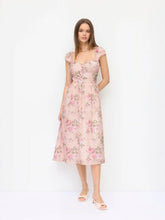 Eyelet Floral Sweetheart Neck Shirred Flared Midi Dress