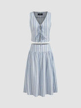 Cotton-blend V-neck Striped Tie Front Crop Vest & Mid Rise Striped Ruffle Midi Skirt