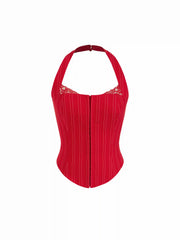 Striped Halter Neckline Lace Trim Corset Cami Blouse