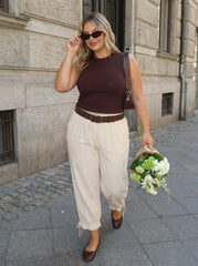Chiffon Mid Rise Lace Trim Cropped Bloomer Trousers Curve & Plus