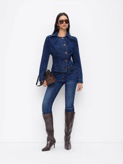 Denim Collar Asymmetrical Button Cinched Waist Jacket