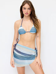 Halter Neckline Striped Tie Side Hollow Out Triangle Bikini Set With Sarong