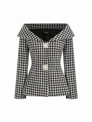 Tweed Houndstooth Collar Rhinestone Detail Cinched Waist Blazer
