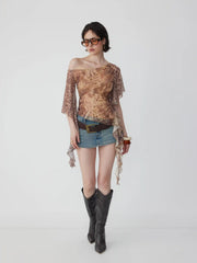 Abstract Leopard Ruffle Asymmetric One-Shoulder Top