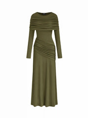 Boat Neck Long Sleeve Ruched Maxi Dress