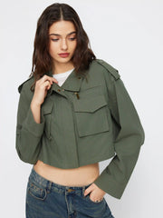 Cotton-blend Collar Zip Through Oversized Crop Jacket