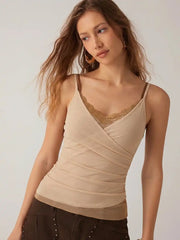 Mesh V-Neck Lace Panel Ruched Cami Top