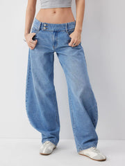 Washed Denim Low Rise Barrel-leg Trousers