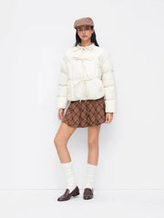 Stand Collar Bowknot Zip Through Oversized Cropped Puffer