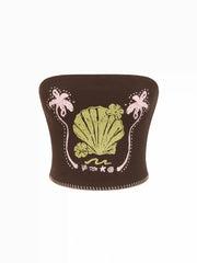 Cotton-blend Shell Graphic Bandeau Lettuce Trim Crop Top