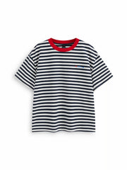Cotton-blend Striped Contrasting Binding Fish Graphic Embroidery Oversized Tee