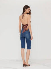 Satin V-neck Floral Knotted Backless Top