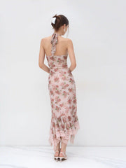 Halter Neckline Floral Ruched Lace Trim Ruffle Maxi Dress