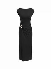 Boat Neck Metal Detail Ruched Maxi Dress