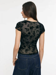 Textured Floral V-neck Lace Panel Crop Top