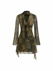 Mesh V-neck Abstract Knotted Twist Ruched Mini Dress