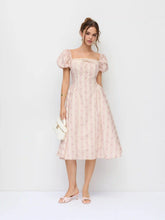 Cotton Floral Puff Sleeve Lace Trim Bowknot Flared Maxi Dress