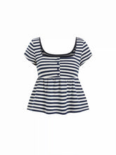 Cotton-blend Square Neck Stripe Button Lace Trim Peplum Hem Short Sleeve Tee