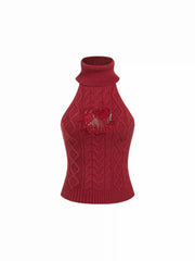 Cable Knit Turtleneck Heart Guipure Lace Tank Top