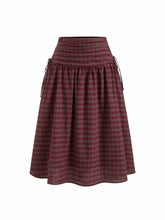 Cotton Mid Rise Plaid Bowknot Ruched Midi Skirt