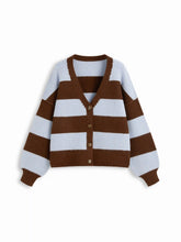 Knit V-neck Striped Lantern Sleeve Oversized Cardigan