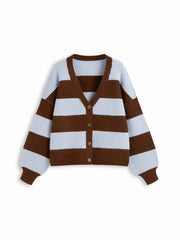Knit V-neck Striped Lantern Sleeve Oversized Cardigan