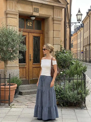 Cotton-blend Mid Rise Plaid Lace Trim Drawstring Tiered Maxi Skirt