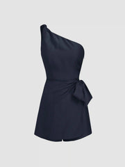 Linen-blend Asymmetrical Neck Bowknot Romper
