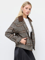 Wool-look Plaid Collar Long Sleeve Colorblock Button Oversized Shacket